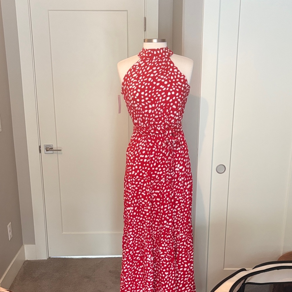 Chic Red and White Halter Maxi Dress